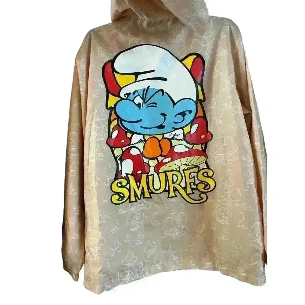 SMURFS Mushrooms Prints Lightweight Windbreaker Jacket Hood Large Womens - Picture 3 of 7